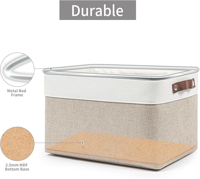 Storage Bins Large Fabric Storage Baskets for Shelves 3 Pack, Decorative Linen Closet Baskets with Handles for Organizing, Shelf, Clothes, Home, Office, 15x11x9.5Inches (Beige&White)
