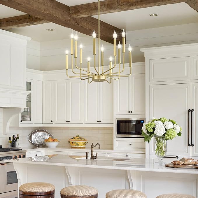Modern Gold Farmhouse Chandeliers, 12-Light Industrial Metal Chandelier Lighting, Classic Candle Hanging Pendant Light Fixtures for Kitchen, Dining Room, Living Room, Entryway
