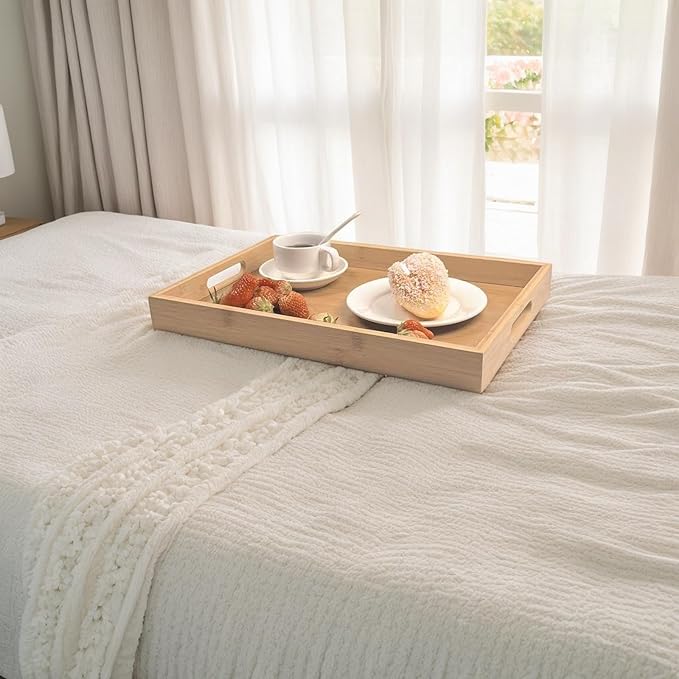 Large Bamboo Wooden Tray with Handles, Rectangular Natural Solid Wood Dinner Tray, Bamboo Wood Original Color. Suitable for Kitchen,Bedroom, Coffee, Party bar. (14.9x10.2 inches)