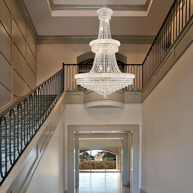 High Ceiling Chandelier 19-Lights Modern Crystal Chandeliers Silver Large Foyer Chandelier Fixtures for Staircase Living Room Hallway Entryway (H47 x W31.5)