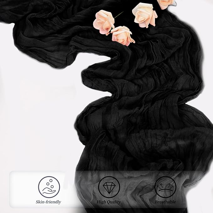 10FT 6 Pack Black Cheesecloth Table Runner 20 x 120 Inch Long Boho Fabric Rustic Cheese Cloth Table Runner for Wedding Bridal Shower Baby Shower Gauze Sheer Birthday Party Table Decorations