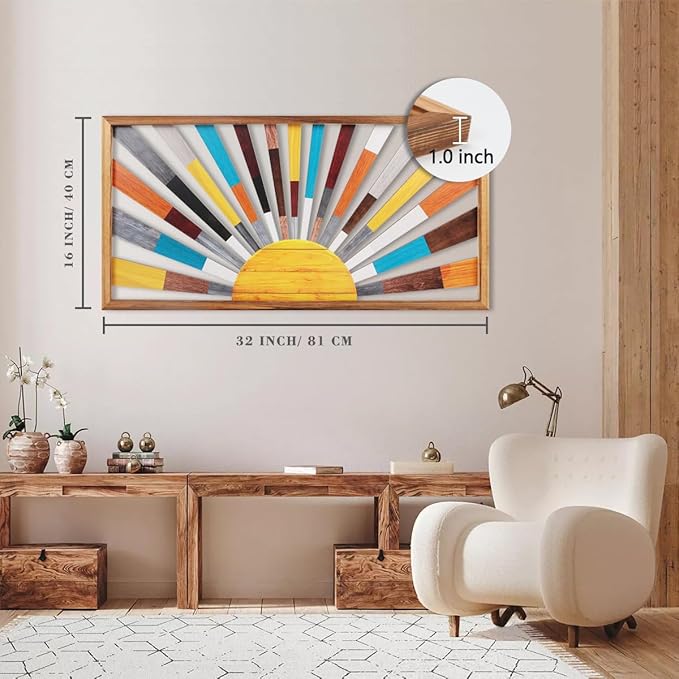 IARTTOP Large Boho Sun Wall Art Framed Wooden Art Wall Decor Rainbow Sun Rising On The Horizon Geometric Line Sunshine Wall Art for Living Room Bedroom Office 16"x32"