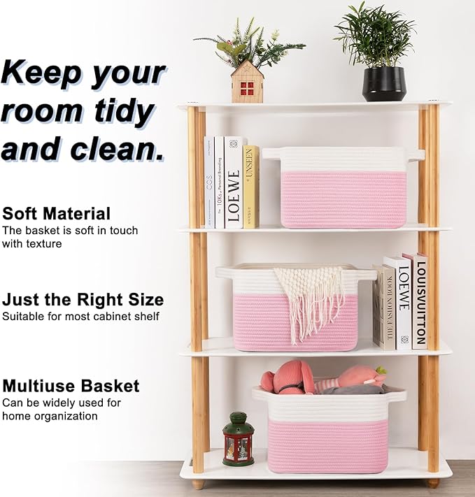OIAHOMY 3 Pack Storage Basket for Organizing, 13''X9.85''X8.7'' Woven Storage Bins with Handles, toy organizers,Stylish Room Decor, Pink & white