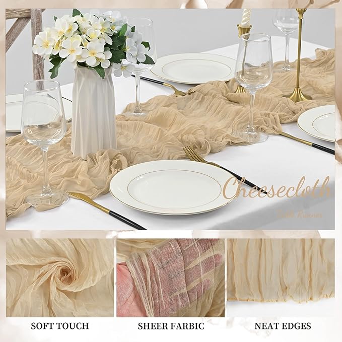 Sand 6 Pack 10FT Cheesecloth Table Runner 20 x 120 Inch Long Rustic Gauze Cheese Cloth Table Runner for Wedding Bridal Baby Shower Table Decorations Boho Fabric Sheer Birthday Party Table Decor