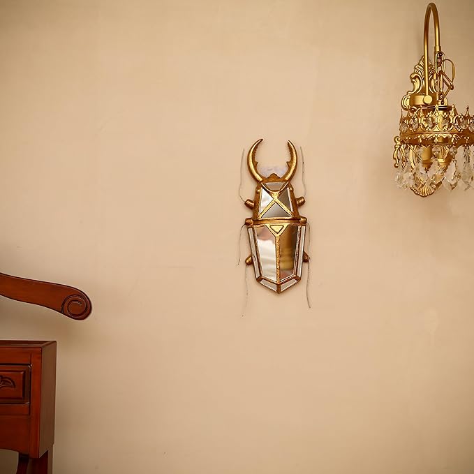 Decorative Bug Insects Beetle Mirrors - Gold Resin and Glass Wall Decor, Perfect for Victorian and European Themed Homes (Sheep Horn Beetle)