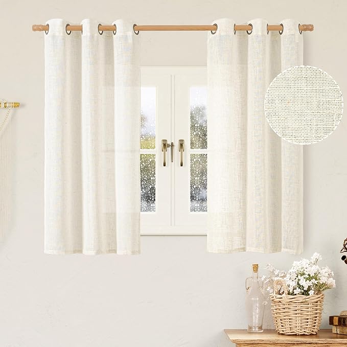 LAMIT 48 Inch Length Semi Sheer Linen Curtains 2 Panels, Cream Ivory Light Filtering Panels Bronze Grommet Boho Neutral Drapes for Kitchen/Short Windows/Cafe, Cream Ivory, 34 x 48 Inch
