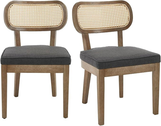 Rattan Dining Chairs Set of 2 Upholstered Linen Kitchen & Dining Room Chair with Curved Backrest Farmhouse Kitchen Chair Solid Wood Armless Side Chair for Dining Room/Restaurant, Black