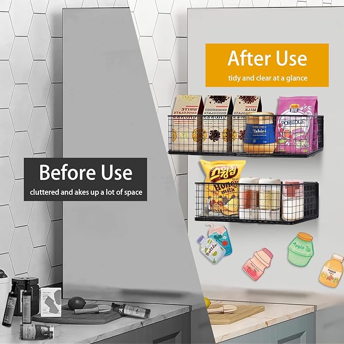 Magnetic Basket, Magnetic Shelf for Fridge,Magnetic Spice Rack Wire Mesh Magnetic Organizer Holder Accessories for Office Kitchen Classroom Storage, Black-High, Large x1&Small x1 Set of 2