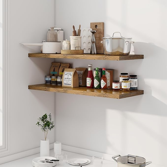 40" Floating Shelves for Wall, 12" Deep Slim Rustic Brown Floating Shelves, Wall-Mounted Shelves for Bedroom, Living Room, Kitchen, Bathroom - Set of 2