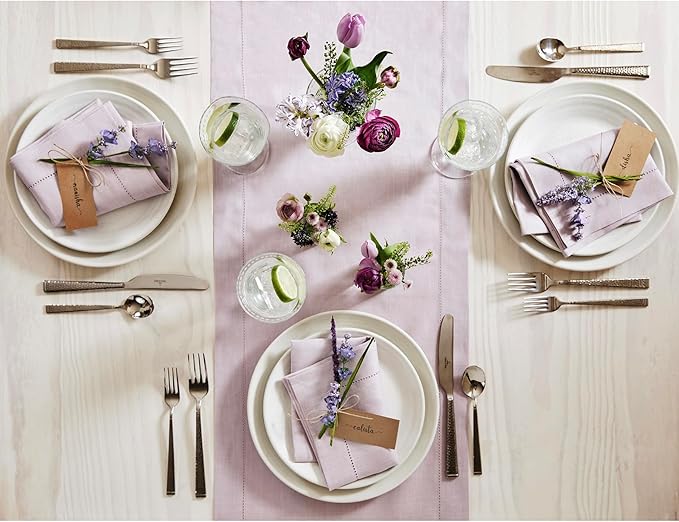 Solino Home Linen Lilac Table Runner 144 Inches Long - 100% Pure Linen Extra Long Table Runner 14 x 144 Inch - Classic Hemstitch