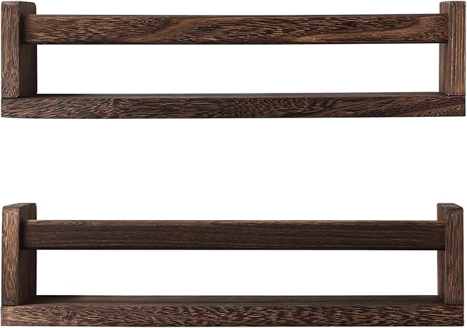 Nursery Book Shelves, Set of 2 Wood Floating Book Shelves for Kids Room, Kitchen Spice Rack, or Rustic Wall Mounted Shelves for Farmhouse Bathroom Decor (Carbon Brown)