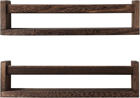 Nursery Book Shelves, Set of 2 Wood Floating Book Shelves for Kids Room, Kitchen Spice Rack, or Rustic Wall Mounted Shelves for Farmhouse Bathroom Decor (Carbon Brown)