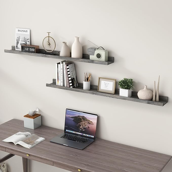 48 Inch Long Floating Shelves for Wall, Solid Pine Wood Picture Ledge Shelves with Lips, Nursery Book Shelves for Toys Storage Living Room Bedroom Photo Frames (2 Pcs, Grey)