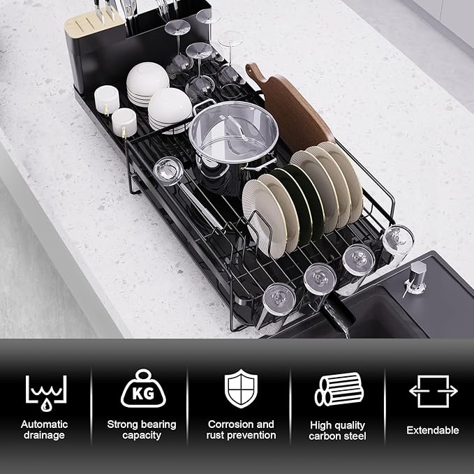 Runnatal Large Dish Drying Rack with Drainboard Set, Dish Rack, Extendable Dish Rack, Utensil Holder, Cup Holder, Expandable Dish Drainer for Kitchen Counter