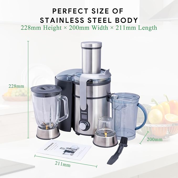 Juicer Machine, Blender & Grinder Combo 3 in 1 for Smoothies, Juice, Processing, Grinding & More 1300W Centrifugal Juice Extractor for Fruit Vegetable with 5 Speeds LCD Screen, Easy to Clean