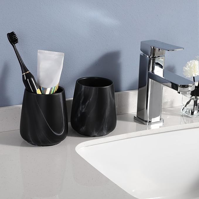 Marble Black Toothbrush Holder for Bathroom - Ceramic Tooth Brushing Holders, Toothbrush Cup, Toothpaste Organizer for Bathroom Countertop, Makeup Brush Holder, Pen Holder for Home Desktop Storage