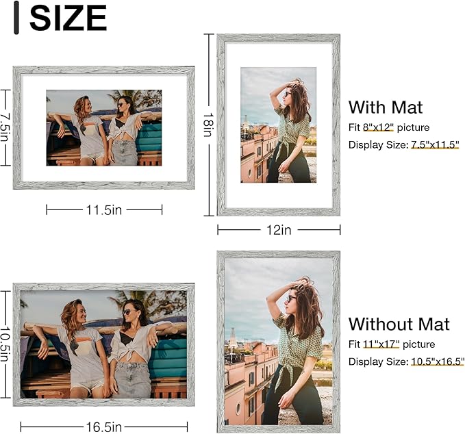 Vittanly 11x17 Picture Frames Set of 9, Shatter Resistant Plexiglass, Display 8x12 Pictures with Mat or 11x17 without Mat, Photo Frames for Wall Mount, Engineered Wood, Grey