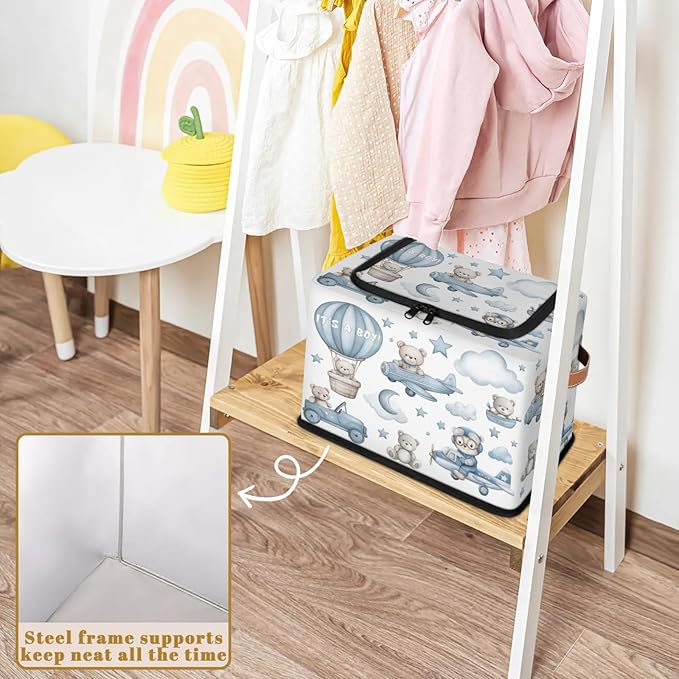 Rectangular Storage Baskets for Shelves - Waterproof Foldable Laundry Basket, Nursery Hamper, Reusable Toy Bin for Organizing Toys, Books, Clothes, Closet 14"x10.2" x10.4" (Little Bear)