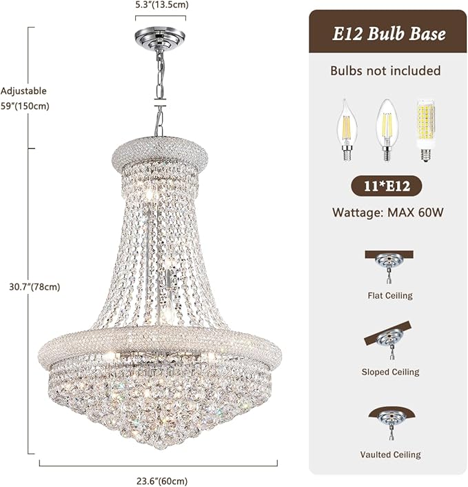 Modern Crystal Chandeliers Foryer Chandelier for High Ceilings, 11-Lights Silver Empire Crystal Chandeliers for Living Dining Room Entryway Hallway(D23.6)