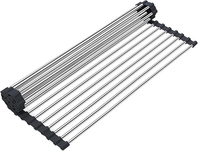 Searik Stainless Steel Over The Sink Dish Drying Rack, Roll Up Foldable Kitchen Sink Drainer Rack (17.7"x 11.8")