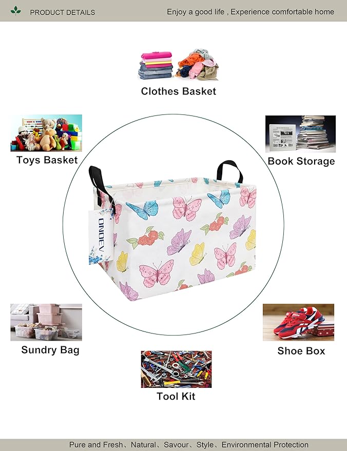 Rectangular Folding Laundry Basket,waterproof Canvas Basket,gift basket,Suitable for children's room,Office,Clothes,Toys Storage(Butterfly)