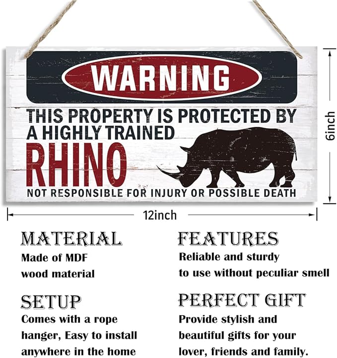Warning Sign, Bhino Warning Wood Plaque Sign, Funny Door Signs, Decorative Wood Hanging Suspension Plaque, Farmhouse Wooden Wall Decor, Outdoor Hanging Wooden Signs