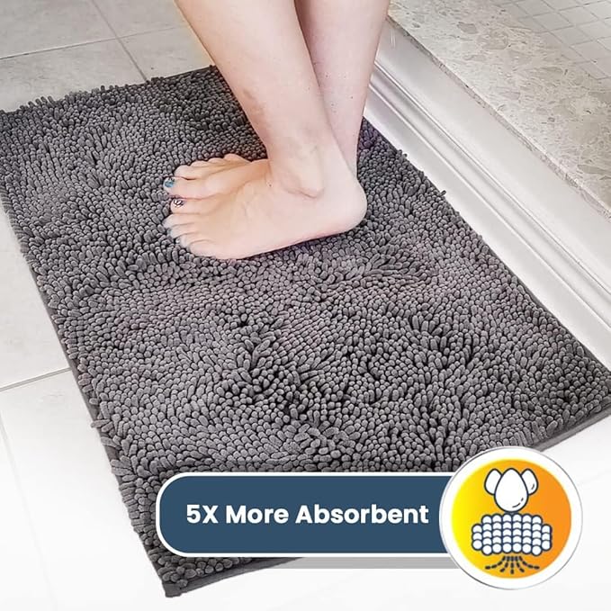 Muddy Mat® 4-Piece Grey Medium 30"X19" AS-SEEN-ON-TV Highly Absorbent Microfiber Door Mat, Bath Mat and Pet Rug, Non Slip Thick Washable, Soft Chenille for Kitchen Bathroom Bedroom Indoor and Outdoor