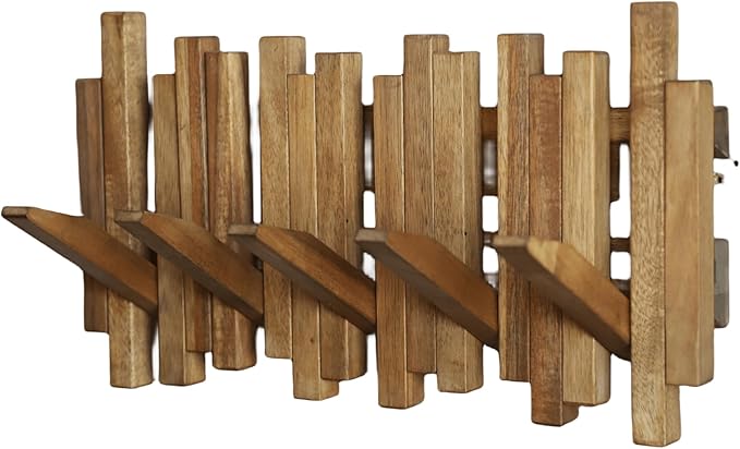 Natural Wood Wall Mounted Piano Coat Rack| Coat Rack Wall Mount| Flip Down Wall Hook Rack 5 Hooks| Entryway Wall Art Hook,Made of Acacia Wood (Wood Wax Oil staining Light Brown).