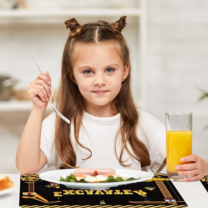 Construction Placemats Set of 6 Toddler Plastic Table Mats Dump Truck Place Mats Washable Vinyl Nursery Homeschool Table Decoration for Indoor Outdoor Party Kitchen Dining