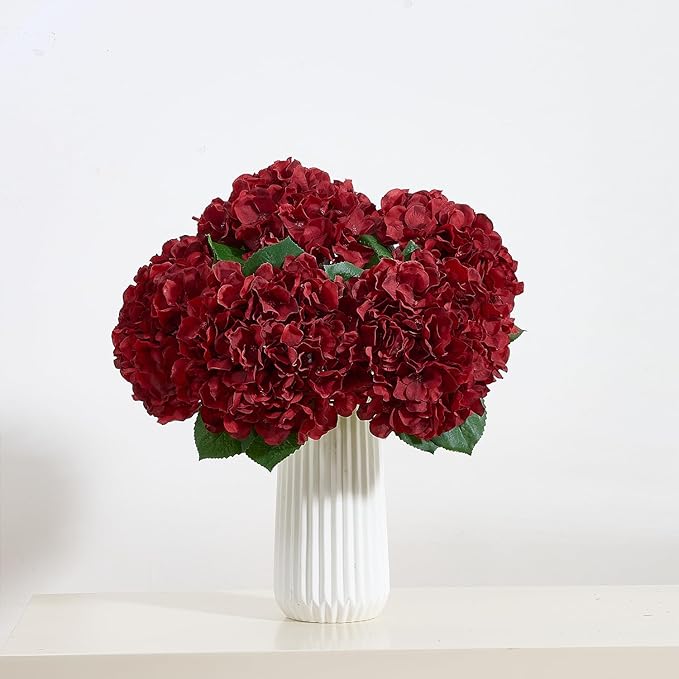 8Pcs Burgundy Fake Flowers Silk Hydrangea Artificial Flowers Bouquets Faux Hydrangea Stems for Home Table Centerpieces Wedding Party Decoration