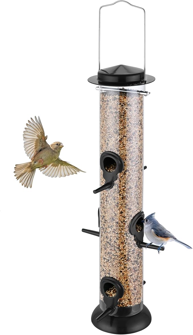 Bird Feeder Premium Hard Plastic for Wild Bird Feeders for Outdoors,Tube Bird Feeders for Outdoors Hanging,14 Inch 6 Port Black,Pack of 1