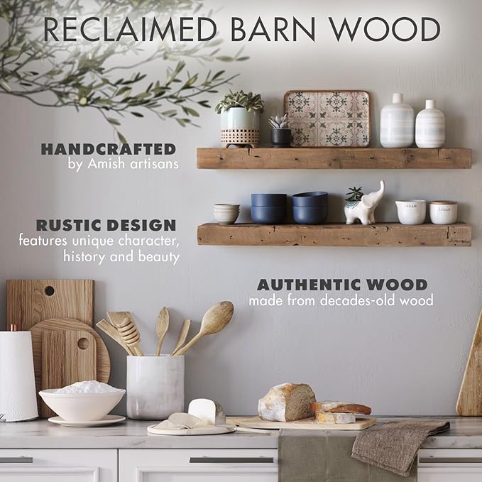 Urban Legacy Reclaimed Barnwood Planks | Floating Shelves for Wall w/Flush Mount Shelf Bracket Set Included | Set of 2 (Natural, 40"x7"x 2")