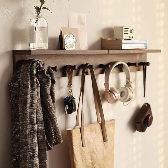 Entrance Coat Rack ，Coat Hooks, Wall-Mounted Wooden Hook Rack, Wall-Mounted Shelves are Very Suitable (Walnut Colored Finish-1)