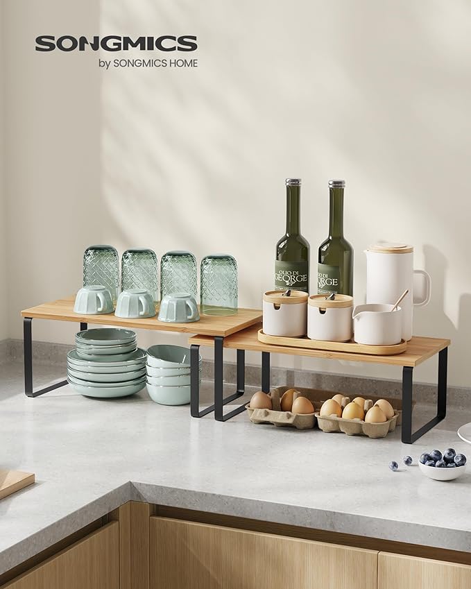 SONGMICS Cabinet Organizer Shelf, Set of 2 Kitchen Counter Shelves, Kitchen Storage, Spice Rack, Stackable, Expandable, Metal and Engineered Wood, Ink Black and Natural Beige UKCS200B01