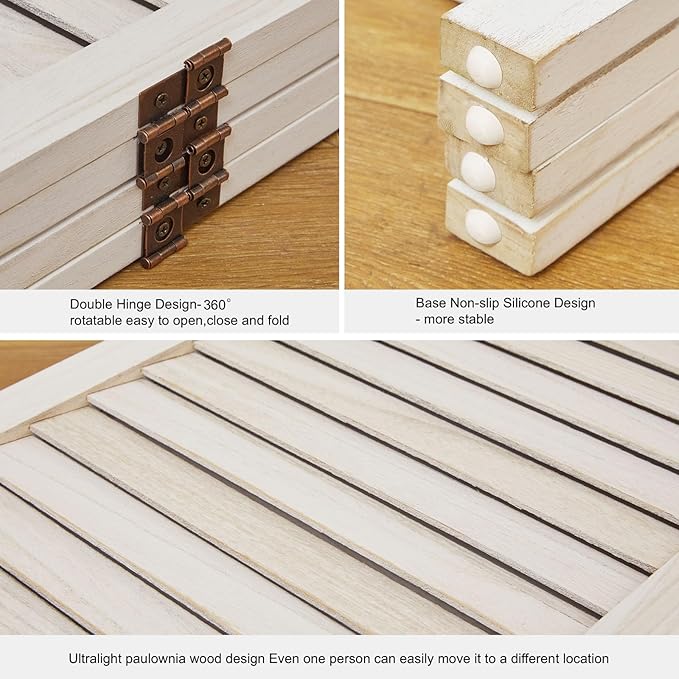 White Room Divider, Temporary Wall with Double Hinges, 5.6 Ft Tall Folding Louver Wood Screen for Home Office Bedroom Hotel Decoration (4 Panels, White-Washed)