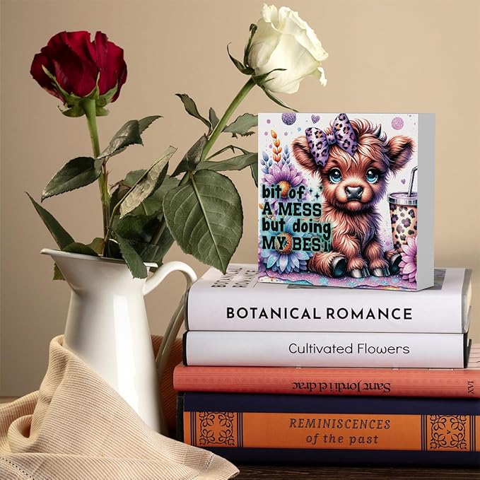 Highland Cow Baby Decor, Highland Cow Sunflower Decor, Highland Cow Gifts for women, Highland Cow Nursery Decor, Wooden Box Decor Sign for Home Farmhouse Office Living Room Table Shelf Tiered