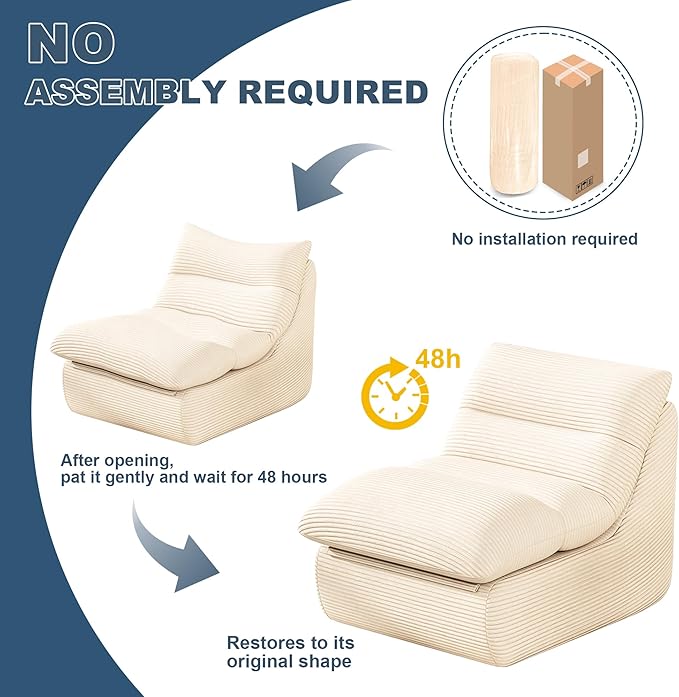 Misolant Bean Bag Chairs，Big Corduroy Fabric Sofa Bean Bag Chair for Adults and Teens with High-Resilience Sponge, Non-Slip Base Floor Lounge Sofa for Home, Living Room, Bedroom, Gaming Beige White