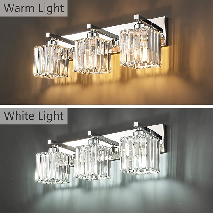 Modern Bathroom Vanity Light 3-Lights Chrome Crystal Bathroom Wall Light Vanity Light Fixtures，20.47-inch Modern Minimalist Design