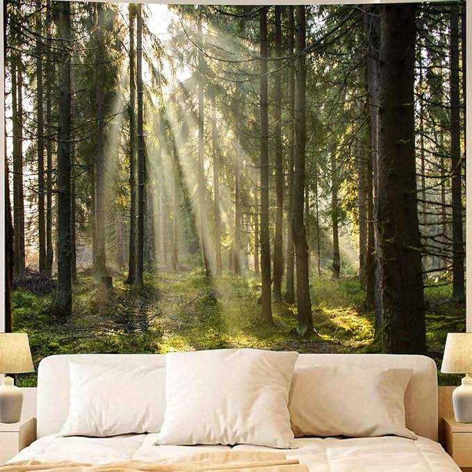 Onivein Forest Tapestry Nature Sunlight Streaming Through Green Trees Wall Hanging for Bedroom Living Room Office Decor 60 x 40 Inches
