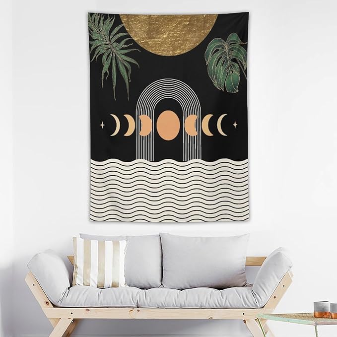 Abstract Boho Tapestry, Mid Century Tropical Tree Leaves Modern Geometric Arch Bohemian Botanical Tapestry, Home Aesthetic Wall Hanging Art Decor for Living Room Bedroom Dormitory 60x60 Inch