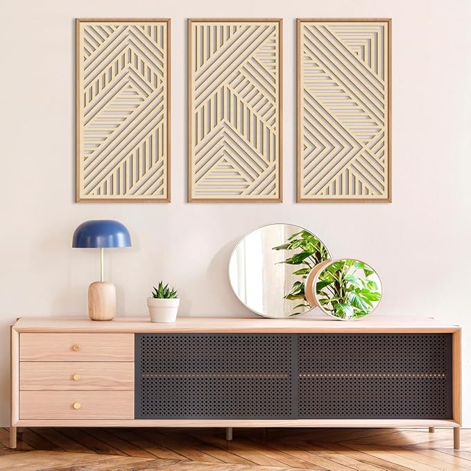 IARTTOP 3 Pieces Wood Boho Wall Art Framed Mid century Modern Wooden Wall Decor Large Minimalist Geometric Line Decor for Living Room Bedroom Office-16 x32