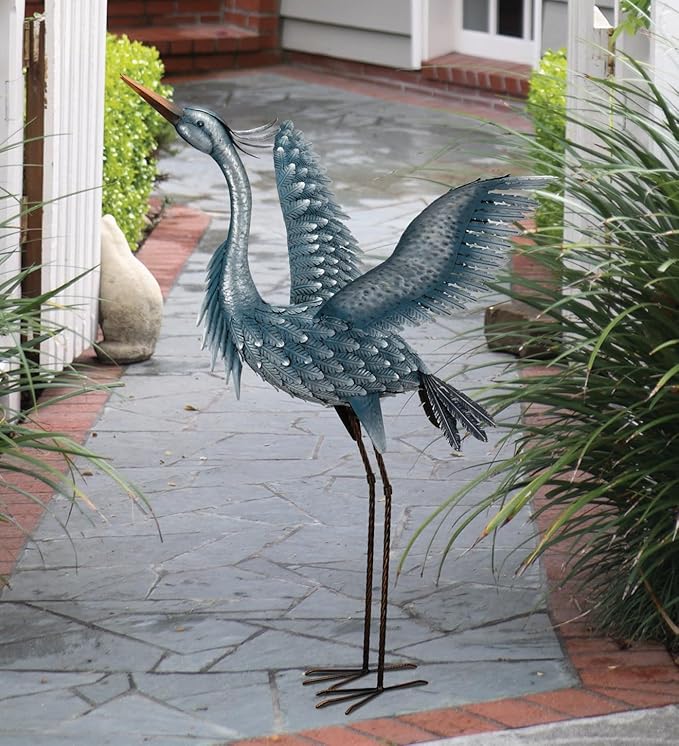 Regal Art & Gift Outdoor Garden Décor, Unique Bird Sculpture, Rustic Metal Bird Statues, Garden Ornaments, Bird Figurine for Lawn, Decorative Sculpture, Heron, Blue, Wings Up, 47"height