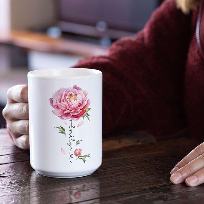 Flower Design Mug With Custom Name, Unique Peony Flower Ceramic Cup, Customized Flower Lover Coffee Mug, Personalized Peony Themed Decorative Cup, Novelty Peony Accent Mug 11oz 15oz