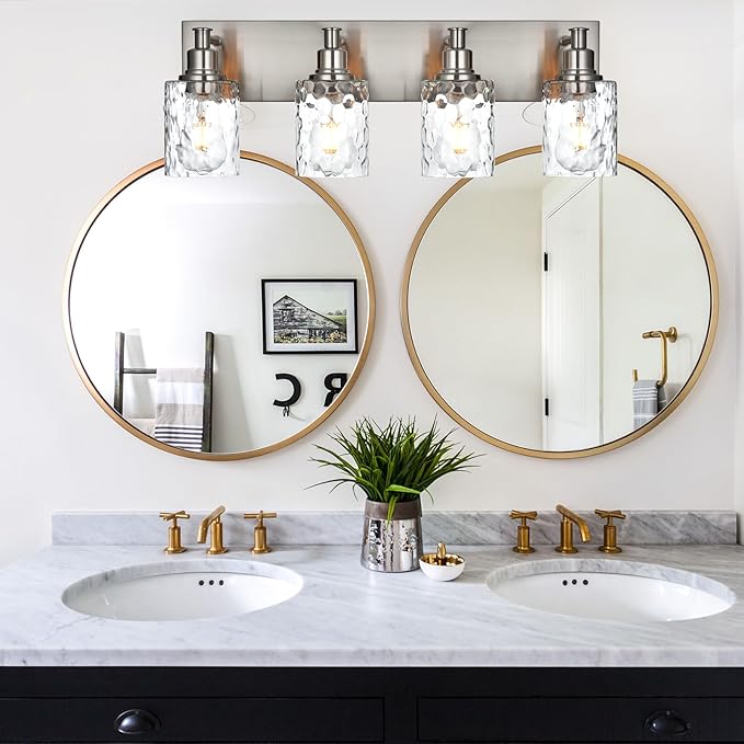 BONLICHT 4-Light Bathroom Vanity Light Fixture Brushed Nickel Industrial Wall Sconce Lighting with Hammered Glass Shade for Living Room Bedroom Hallway Porch Workshop Dressing Table