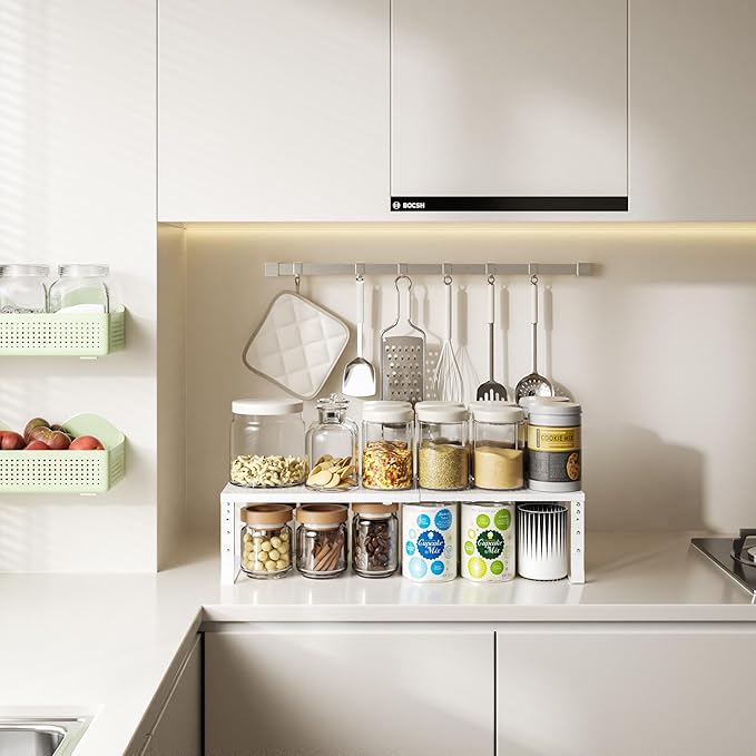 Expandable,Adjustable & Stackable Spice Rack, Cabinet Kitchen Countertop Shelf Organizer,Metal Pantry Storage Shelves - Space-Saving Storage Solution(1Pack/White/Medium)