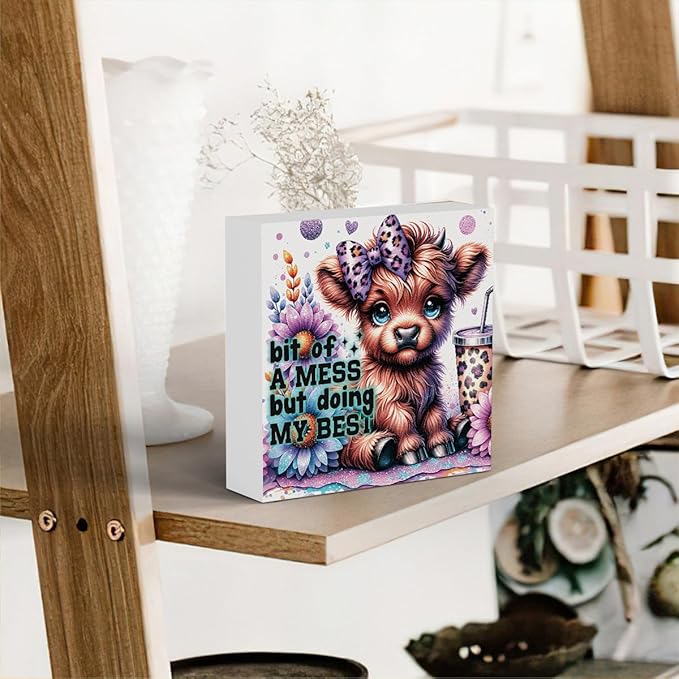 Highland Cow Baby Decor, Highland Cow Sunflower Decor, Highland Cow Gifts for women, Highland Cow Nursery Decor, Wooden Box Decor Sign for Home Farmhouse Office Living Room Table Shelf Tiered