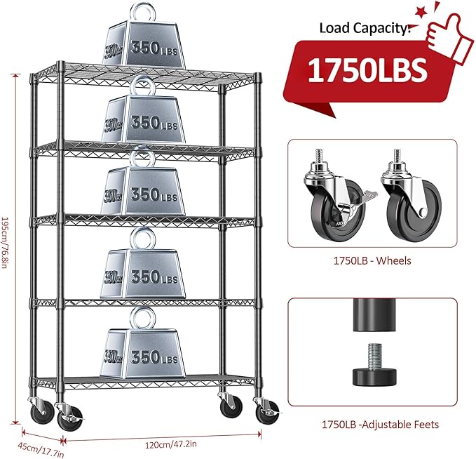 IZEUK 5-Tier Storage Shelving Unit with Wheels, Adjustable Heavy Duty Steel Wire Rack Organizer (Black, 17.7" D x 47.2" W x 76.7" H, 1750 lbs Capacity) for Garage, Kitchen, Office, Laundry, Basement