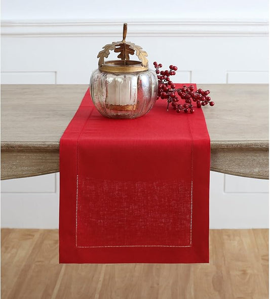 Solino Home Linen Red Table Runner 48 Inches - Classic Hemstitch, 100% Pure Linen Coffee Table Runner 14 x 48 Inch Ideal for Dresser Tables