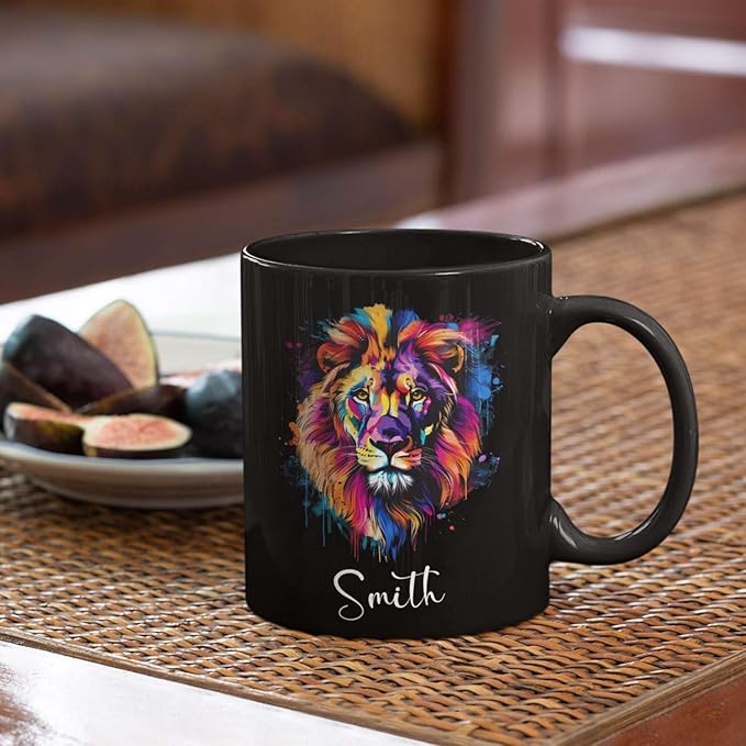 Personalized Lion Black Mug, Gift For Son Grandson, Custom Lion Coffee Cup With Name, Customized Colorful Animal Design Mug, Unique Animal Lover Cup 11oz 15oz