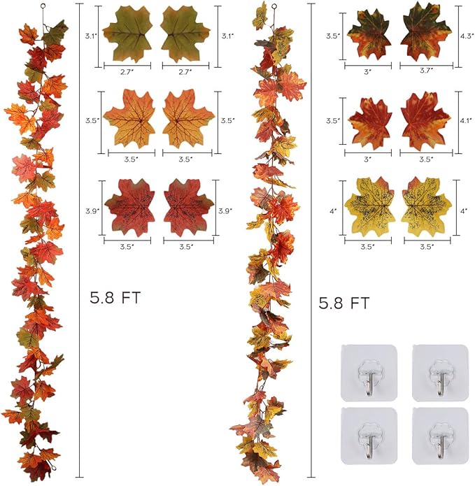 RECUTMS 2 Pack Fall Maple Garland - 5.8 FT/Pcs Autumn Hanging Fall Leave Vines for Home Garden Wedding Party Thanksgiving Dinner Fireplace Door Frame Doorway Backdrop Christmas Decor